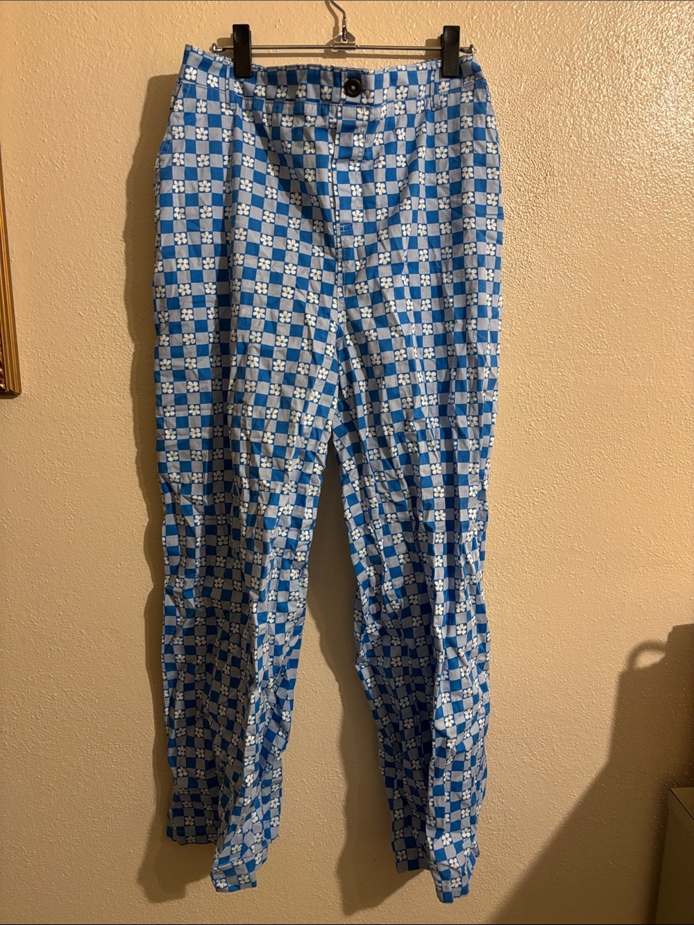 Blue Floral Check High-Waist Women's Pants